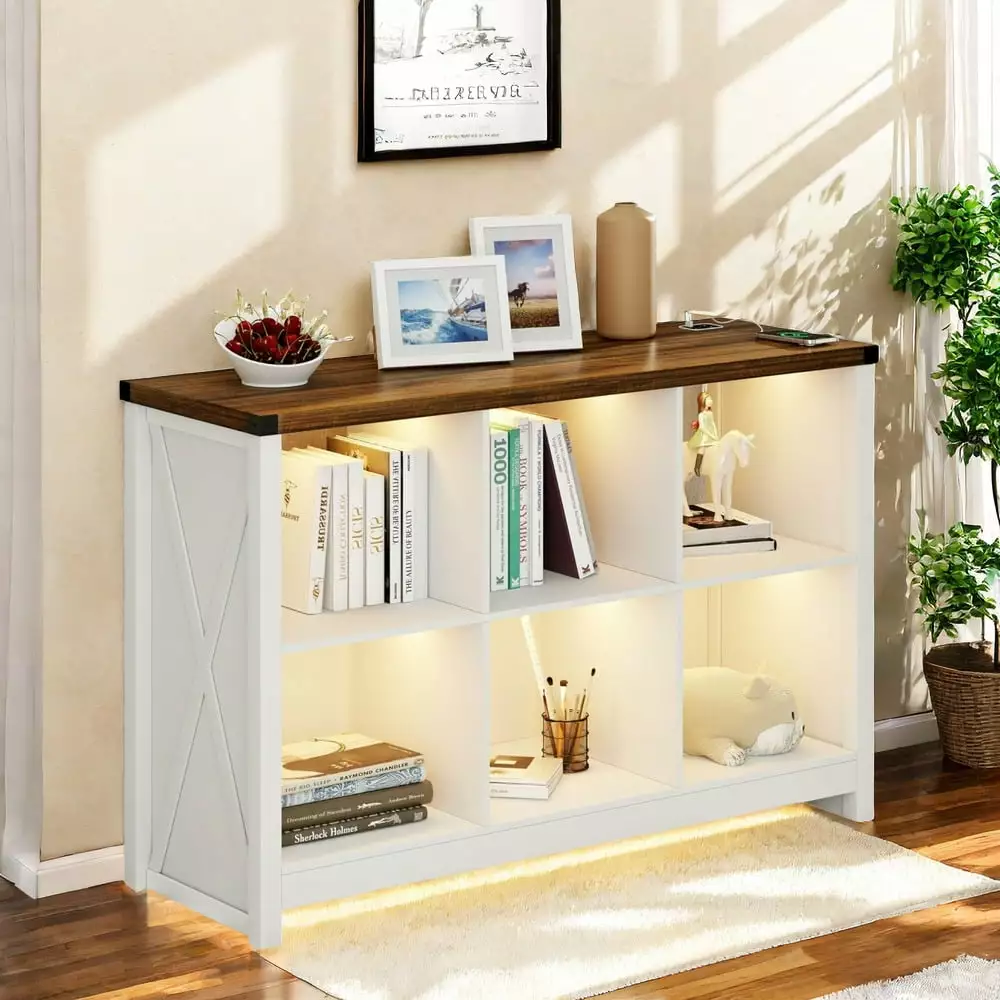 MIDODO Farmhouse Bookcase LED Lights - 6 Cube Open Shelf Modern Bookshelf