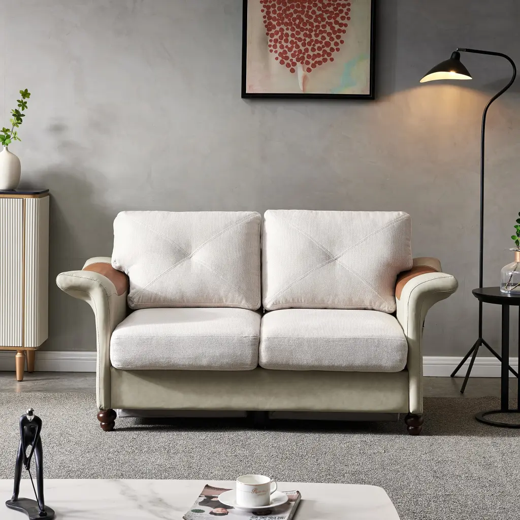 Adrinfly Beige Linen Fabric Faux Leather Loveseat Wood Legs