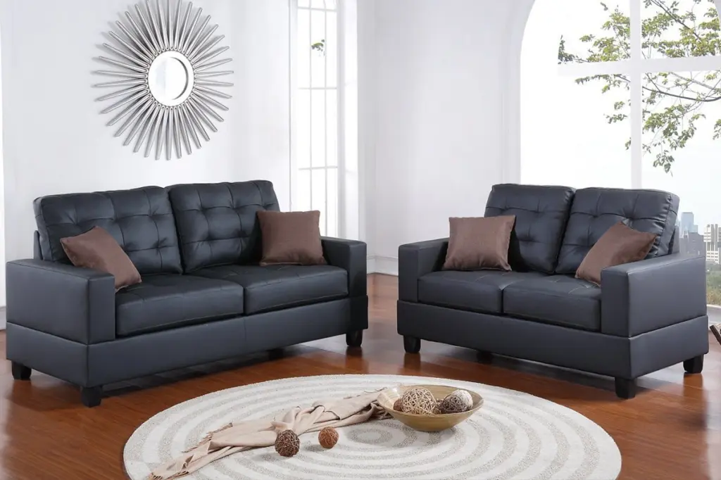 2Pcs Modern Black Faux Leather Sofa Loveseat Accent Tufting and Light Stitching Amazing Choice