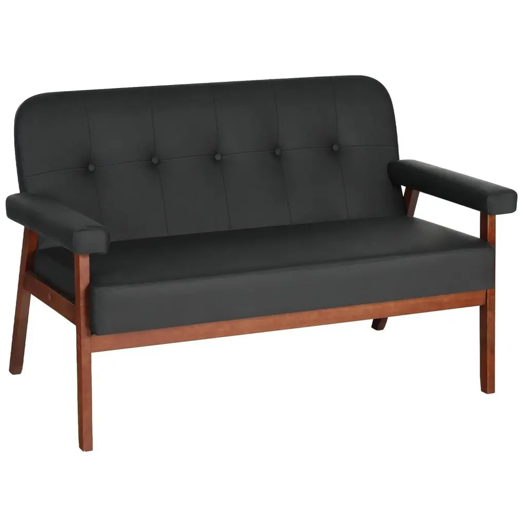 CodYinFI 50W Black Faux Leather Small Office Couch Loveseat Sofa Wood Arms Modern Living