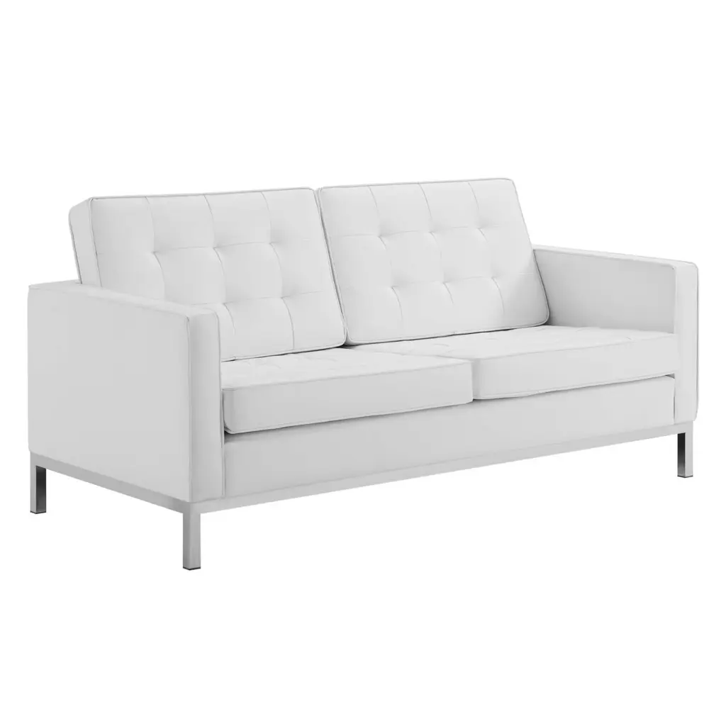 Ergode Loft Tufted Upholstered Faux Leather Loveseat Silver White