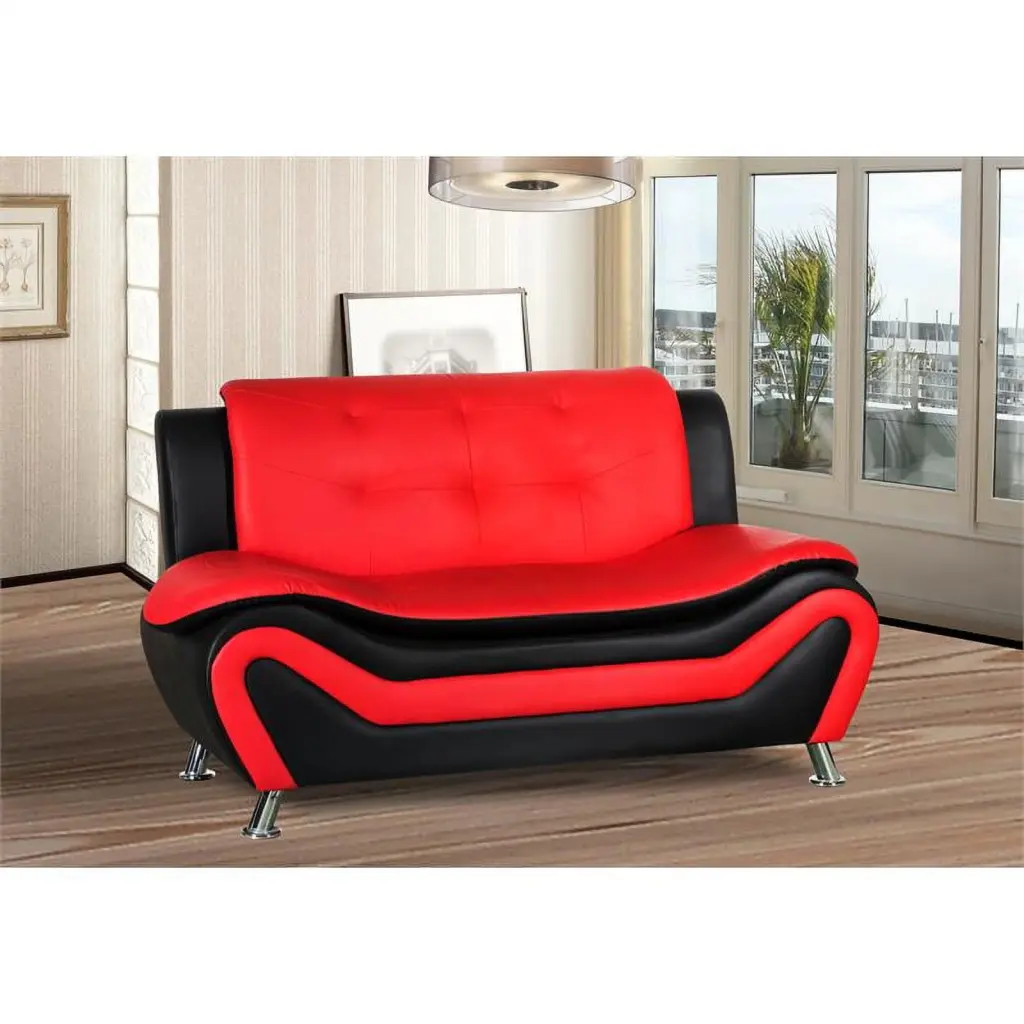 Kingway Furniture Gilan Modern Faux Leather Living Room Loveseat Black and Red