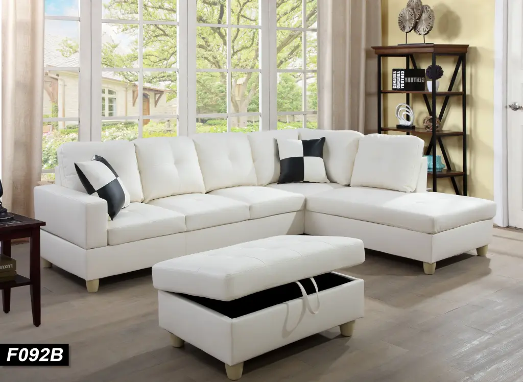 L-Shaped Modern White Faux Leather Sectional Sofa Storage Ottoman 3-Piece Set Ainehome