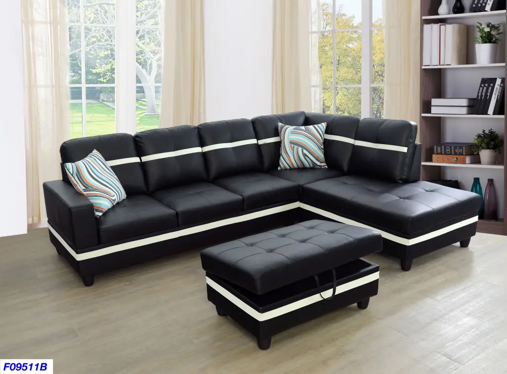 AYCP Furniture L Shape Sectional Sofa Set Storage Ottoman Right Hand Facing Faux Leather Black