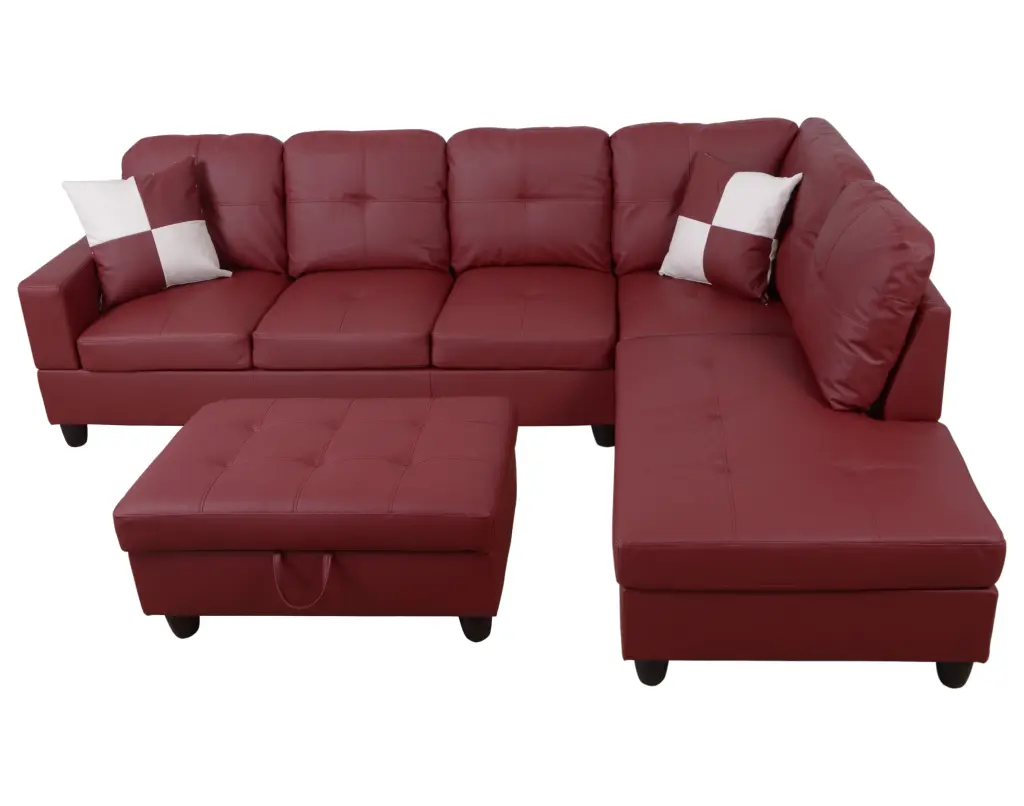 -U Furnishing Classic Red Faux Leather Sectional Sofa Right Facing Chaise 103.5 Inch Wide AYCP Furniture