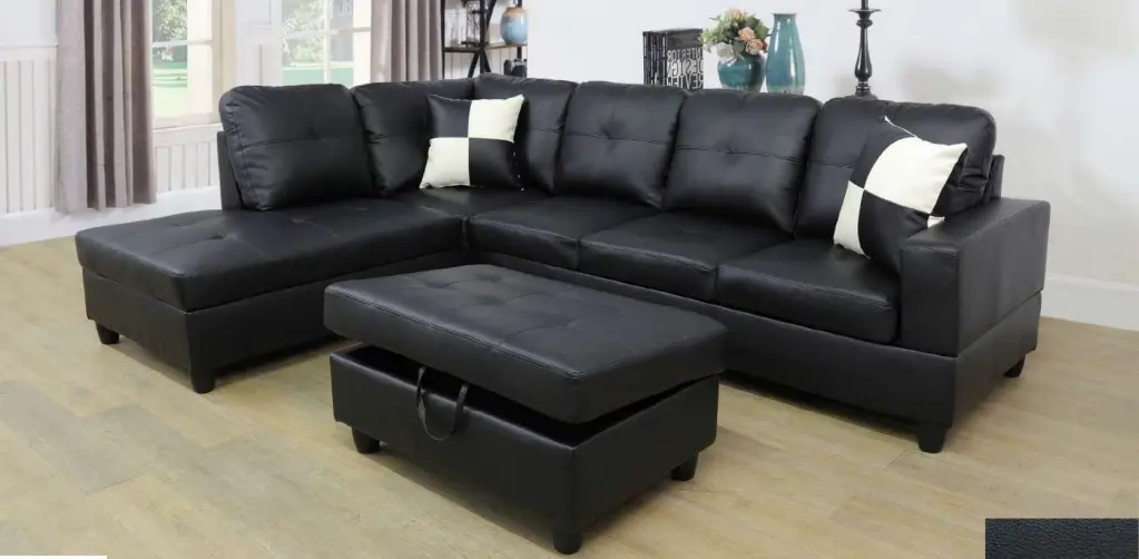 ULT Classic Black Faux Leather Left Facing Chaise Sectional Sofa 74.5D x 103.5W x 35H AYCP Furniture