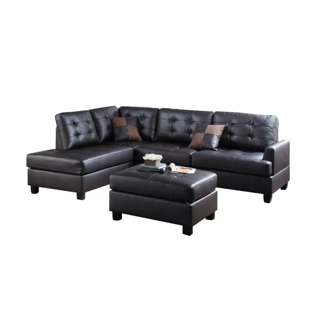 Faux Leather 3 Pieces Sectional Sofa Set Espresso Brown Benzara