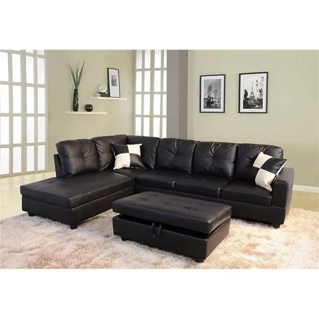 Beverly Fine Furniture Cavenzi Black Faux Leather Left-facing Sectional Sofa Set 3 Piece
