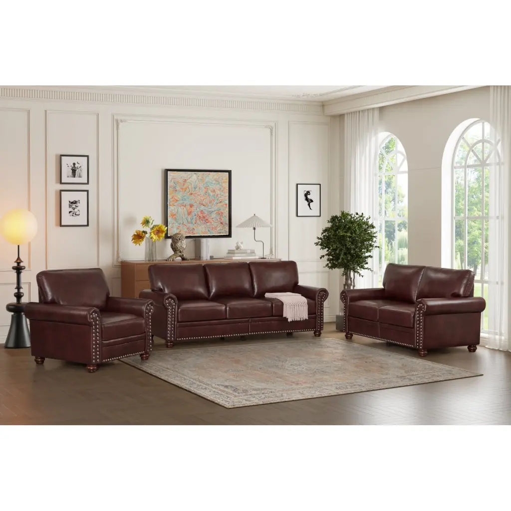 Elegant Burgundy Faux Leather Sectional Sofa Built- Storage - Luxurious 6-Seater Living Room Set HATNOKIL