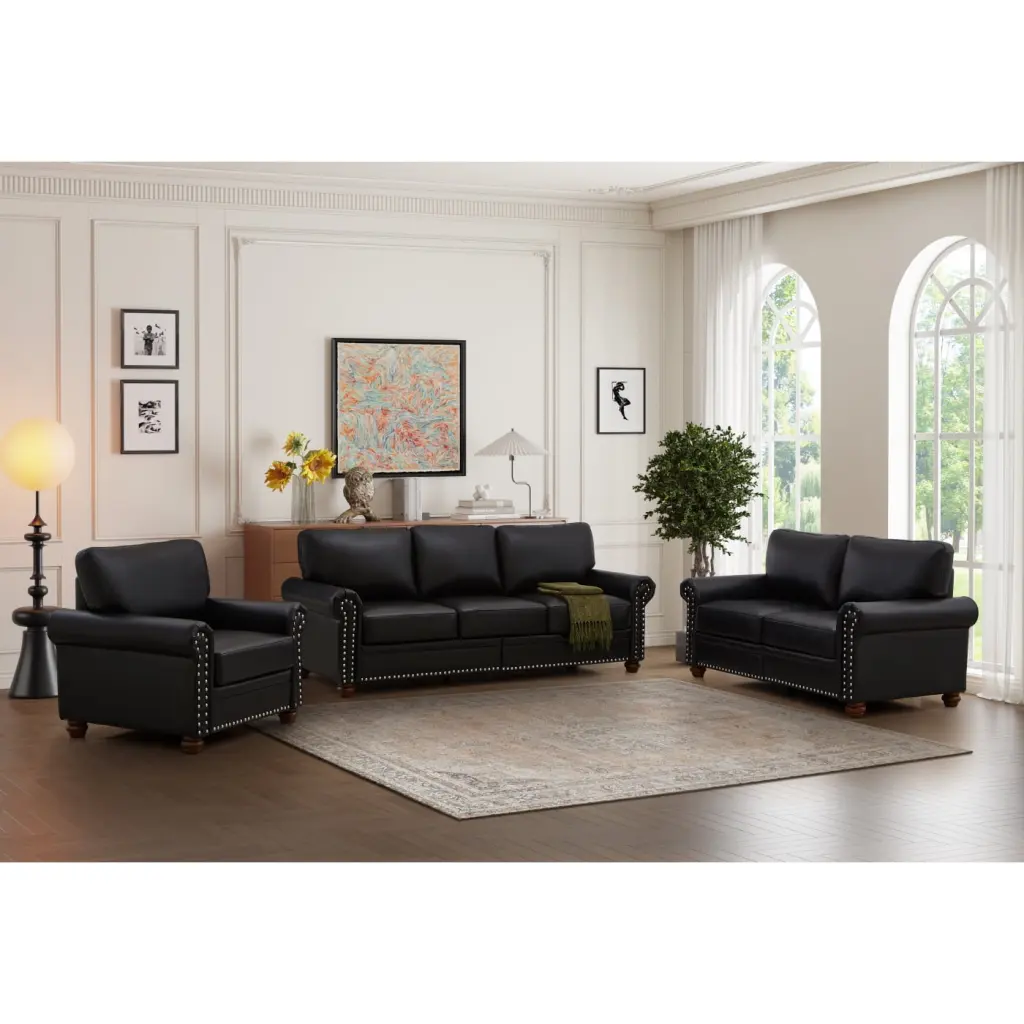 Sleek Black Faux Leather Sectional Sofa Concealed Storage - Contemporary 6-Seater Living Room Set HATNOKIL