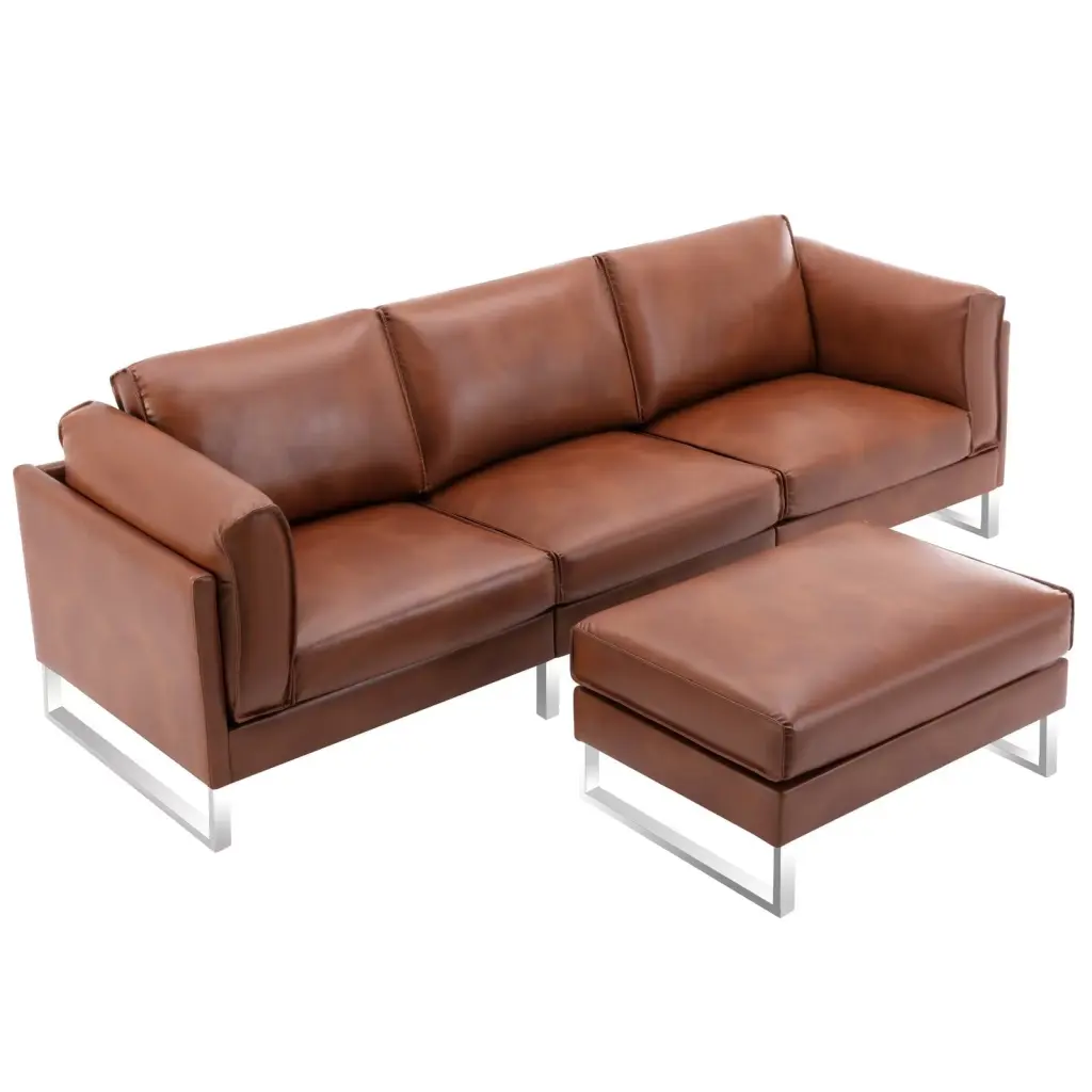 Morden Fort Faux Leather Sectional Sofa Ottoman Modular Living Room Couch Set Brown