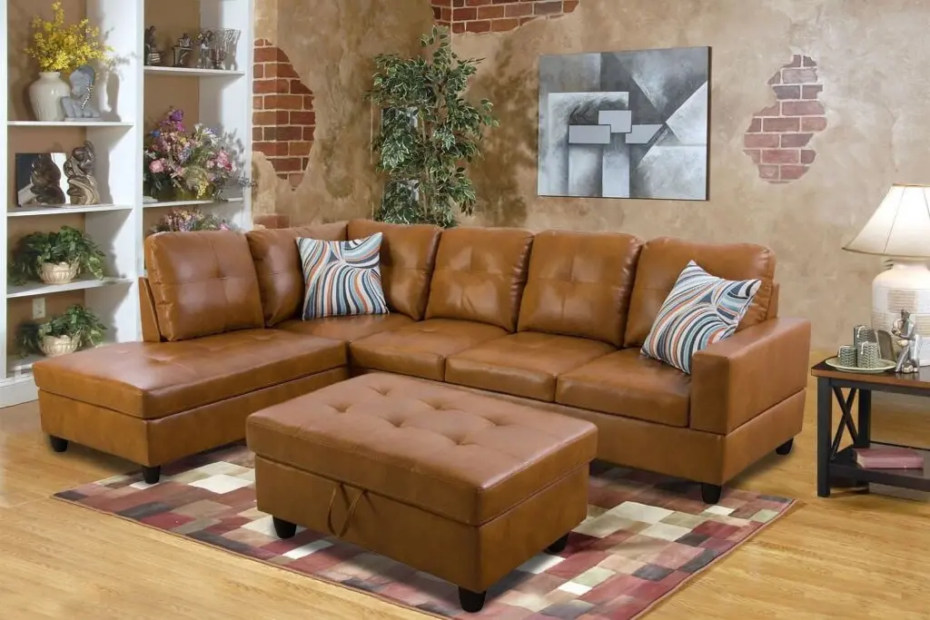 PonLiving Faux Leather Ginger L-Shaped Sectional Sofa Set Chaise and Ottoman Pon Living Furniture Inc
