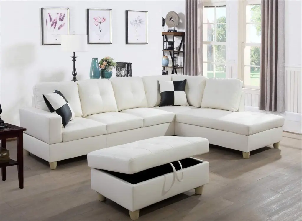 PonLiving Faux Leather 3 Piece Sectional Sofa Set Storage Ottoman and Pillows Left Hand Facing Black Pon Living Furniture Inc