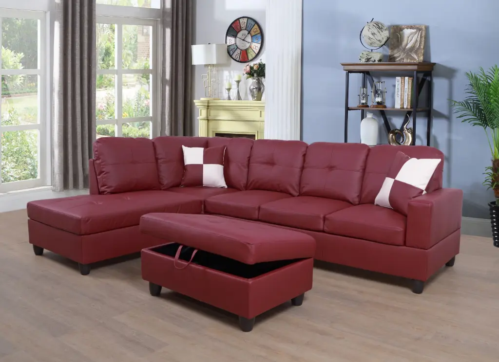 Zion L-Shaped Modern Faux Leather Sectional Sofa Storage Ottoman Left Hand Facing Red pon living