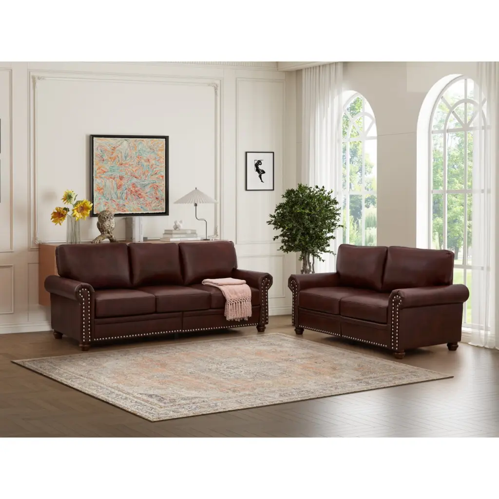 Burgundy Faux Leather Sectional Sofa Storage - 5 Seater Space-Saving Living Room Furniture Set Ponnky