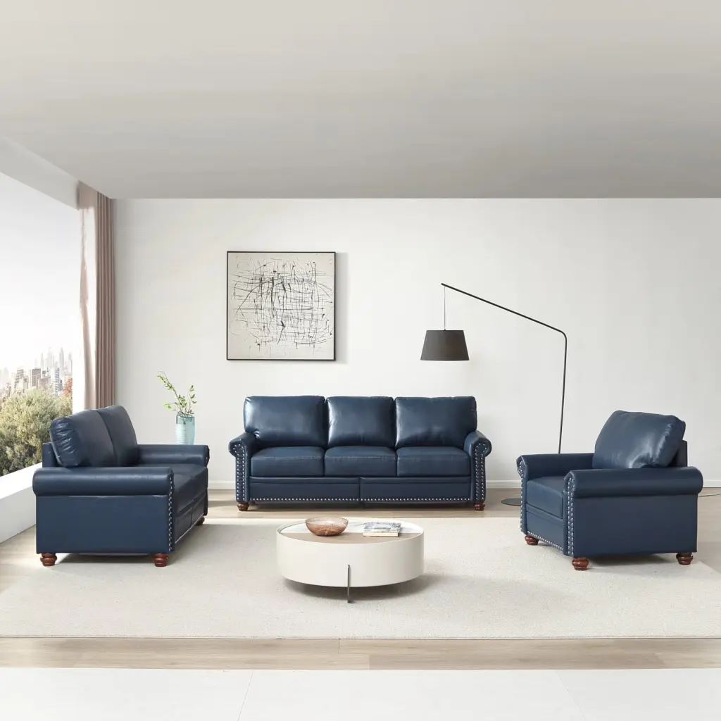Navy Blue Faux Leather Sectional Sofa Storage - 1+2+3 Living Room Set Silver Nail Decor Ponnky
