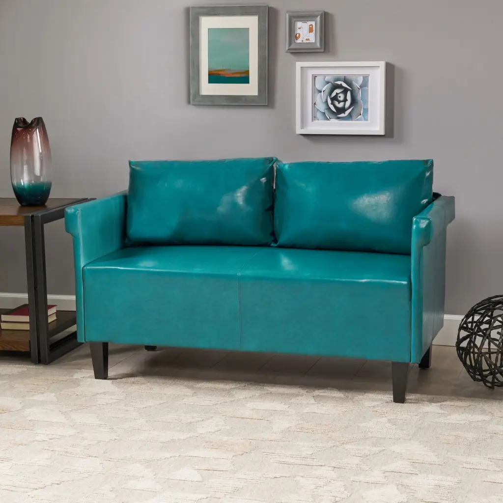 GDF Studio Barroll Contemporary Faux Leather Upholstered Settee Teal and Dark Brown GDFSTUDIO