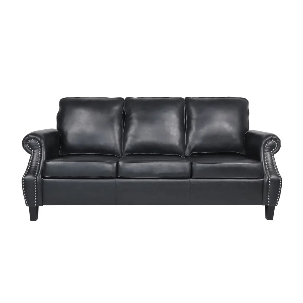 3 Seater Faux Leather Sofa Rolled Armrests and Nailhead Trim - Contemporary Design Ghislaine