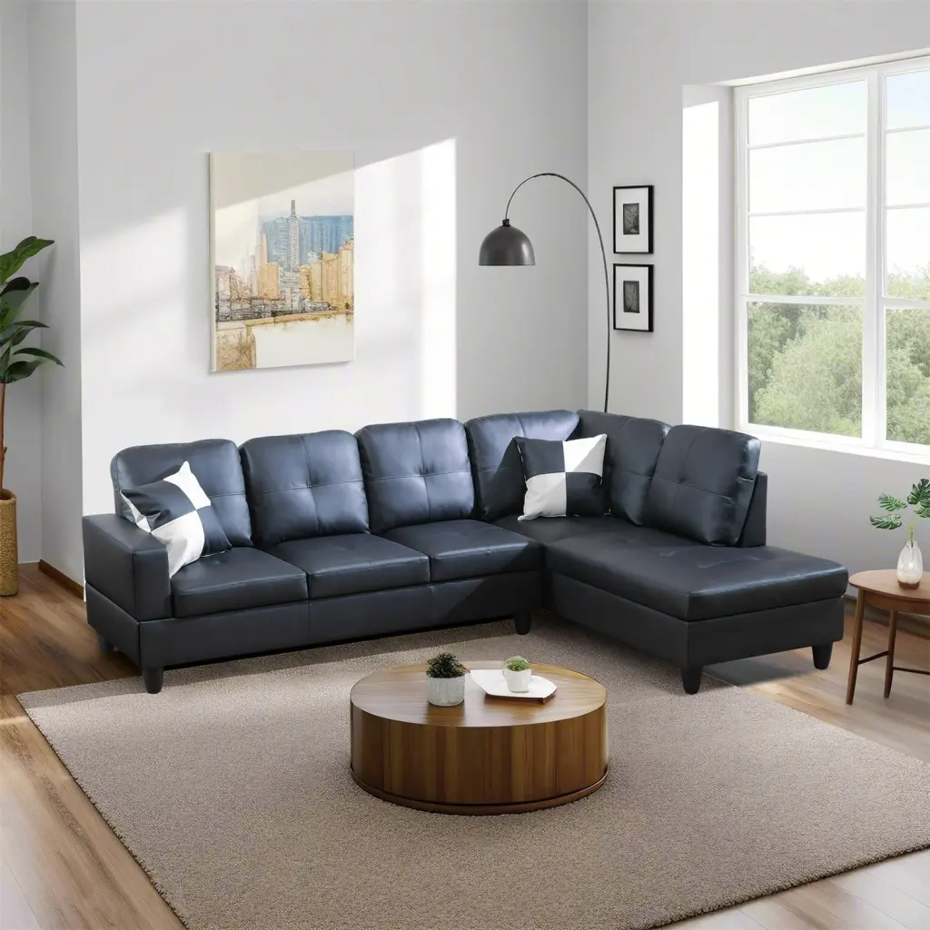 Hommoo Faux Leather 4-Seat L Shaped Sectional Sofa Set Home Office Black