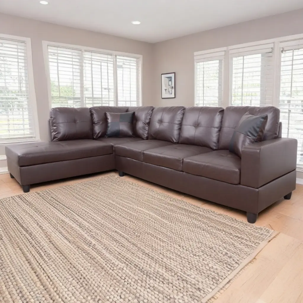 Hommoo Modern Faux Leather L Shaped Sectional Sofa 17.5 Back Height Brown