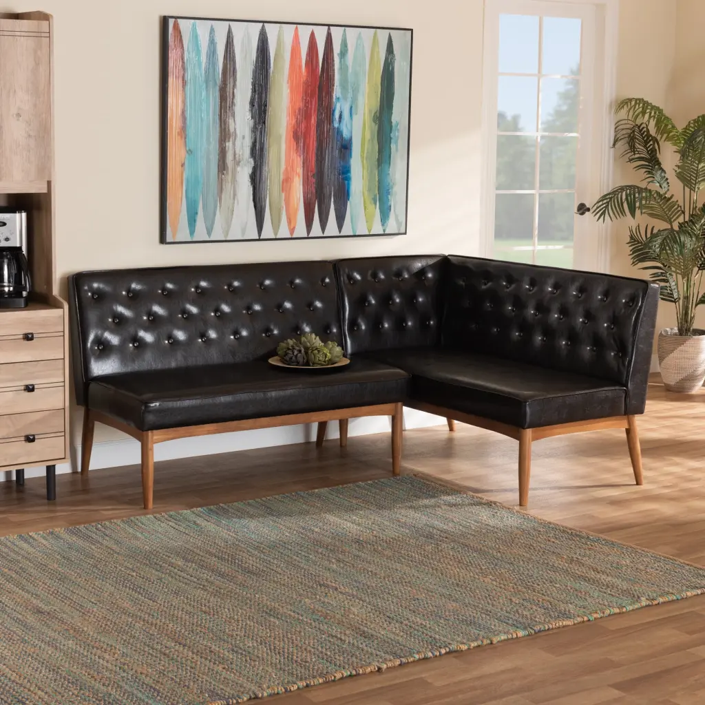 Baxton Studio Riordan Mid-Century Modern Faux Leather Banquette Set - 2-Piece Dining Nook