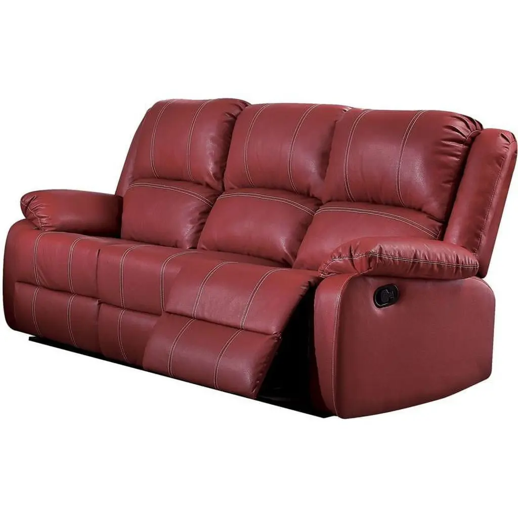 Pemberly Row Red Faux Leather Motion Reclining Sofa - Modern Design