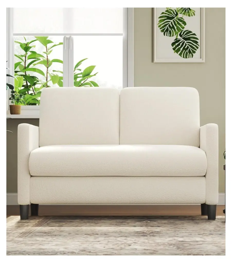 51 Small Teddy Fleece Loveseat Sofa All-Wood Couch Bedroom Beige White YuraZH
