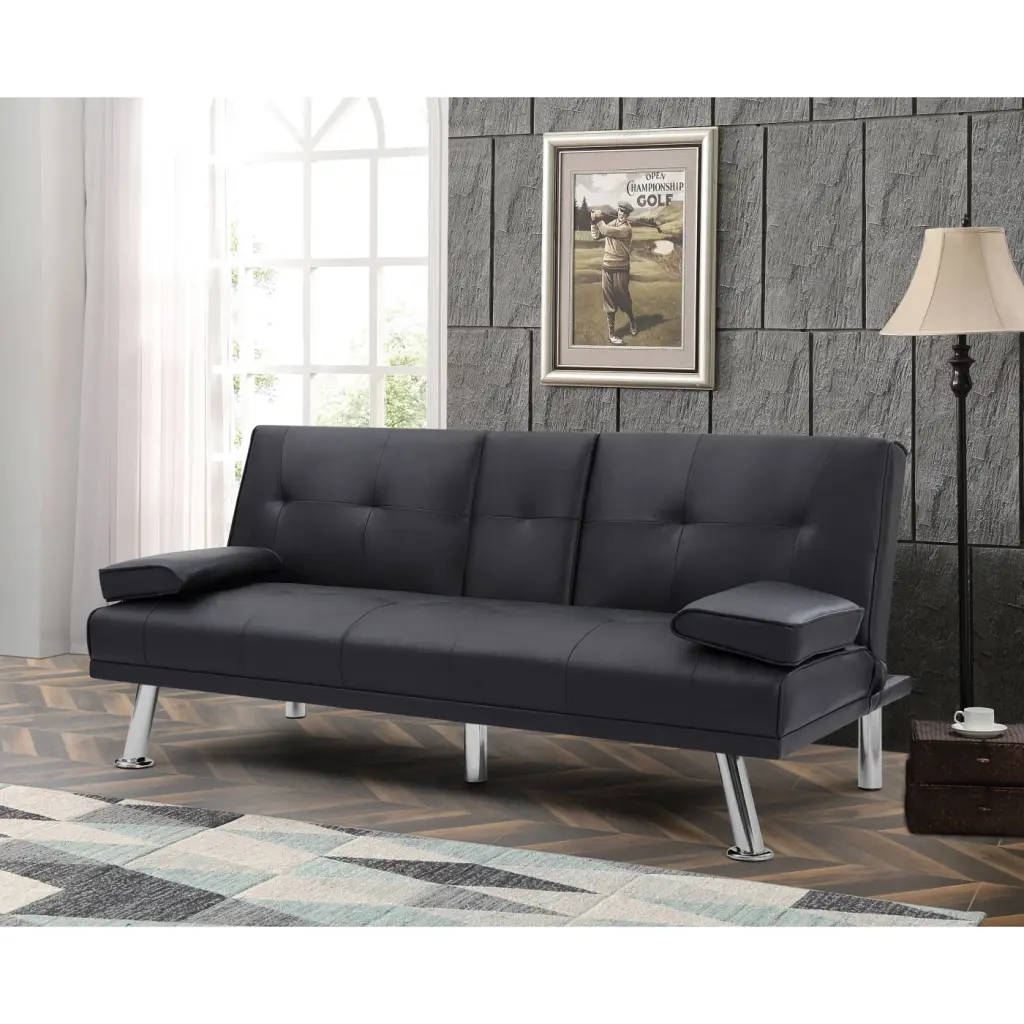 Stylish Black Leather Foldable Sofa Bed Versatile Couch Reclining Functionality Perfect Business Home Cinema and Cozy Rela...