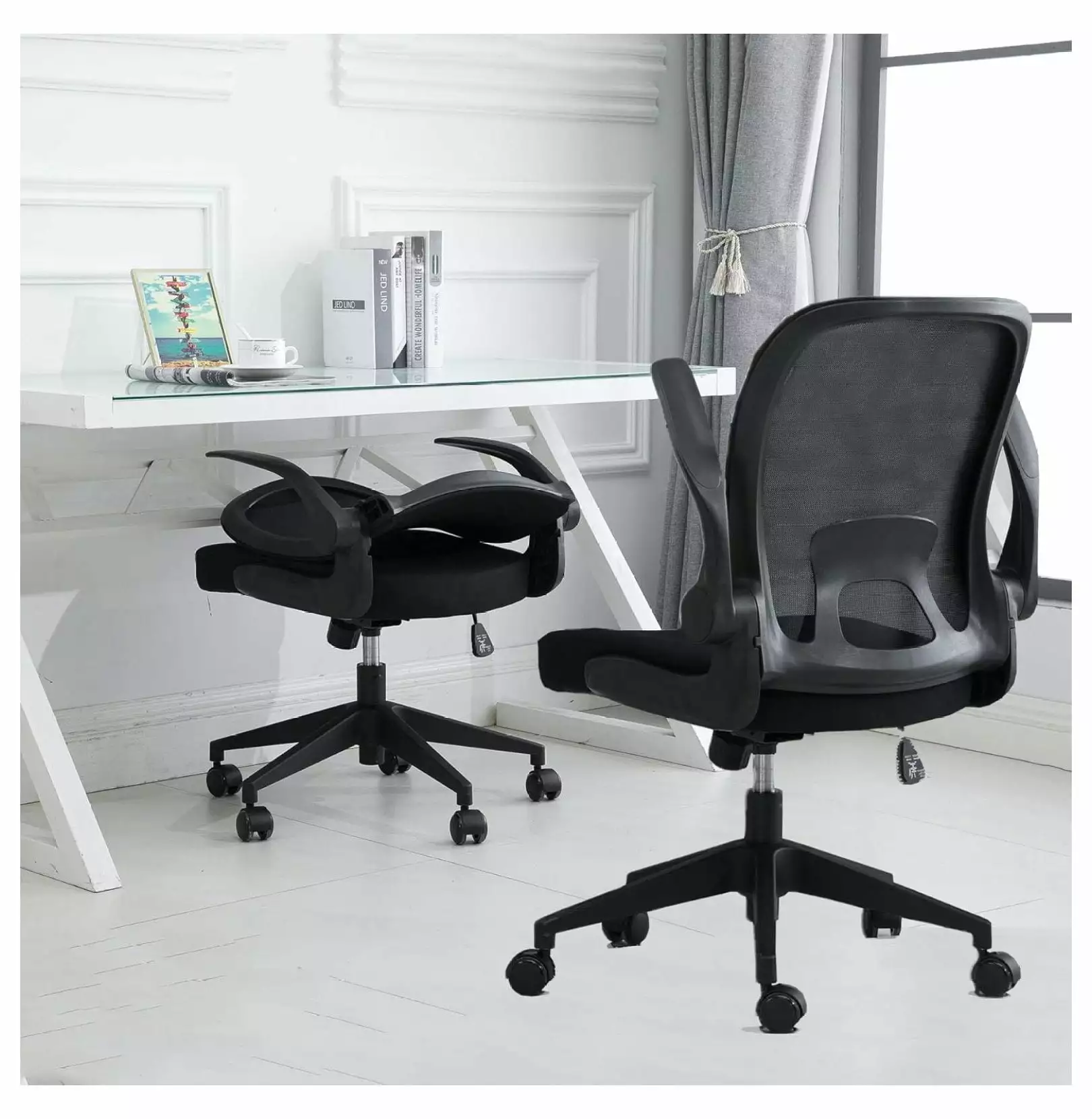 SkYifF Foldable Office Chair Home Office Desk Chair Flip-Up Arms and Foldable Backrest Mesh Computer Chair Black