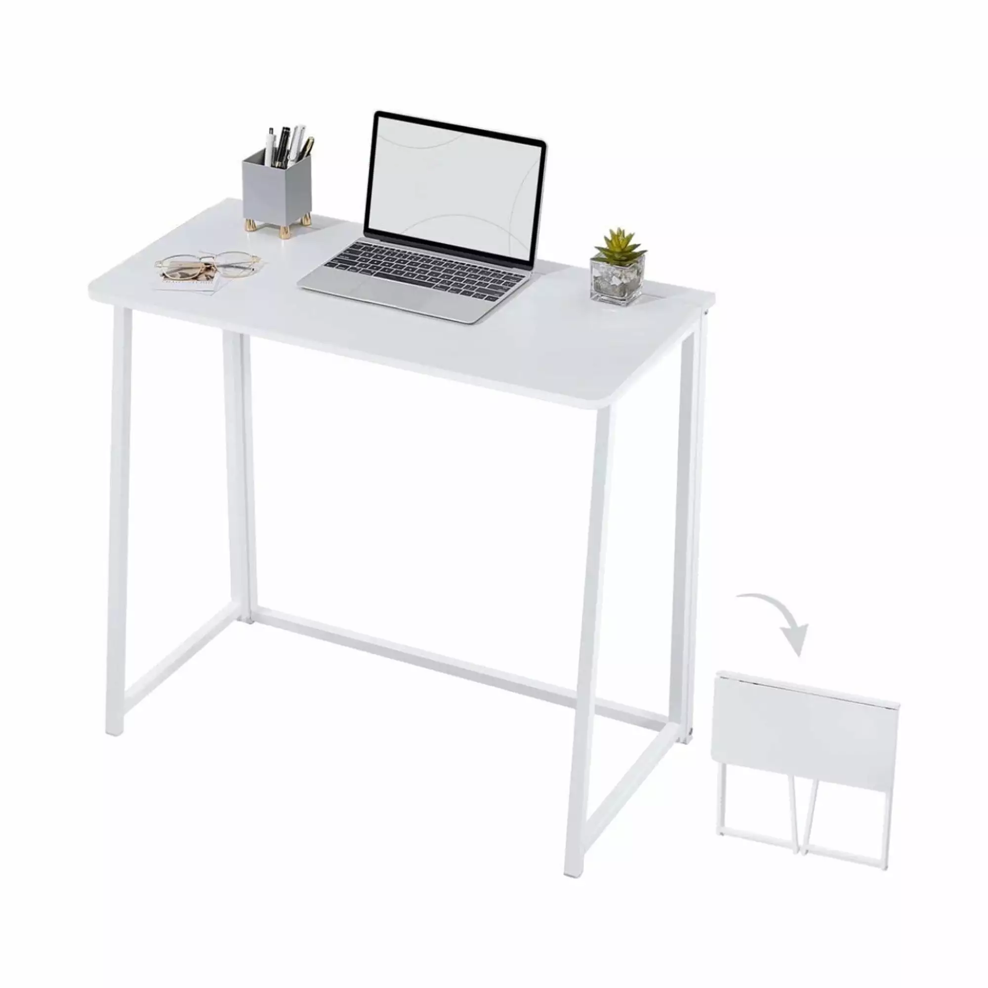QXDRAGON Folding Writing Computer Desk White Small Space Foldable Laptop Table Workstation Writing Table Wood Metal Frame