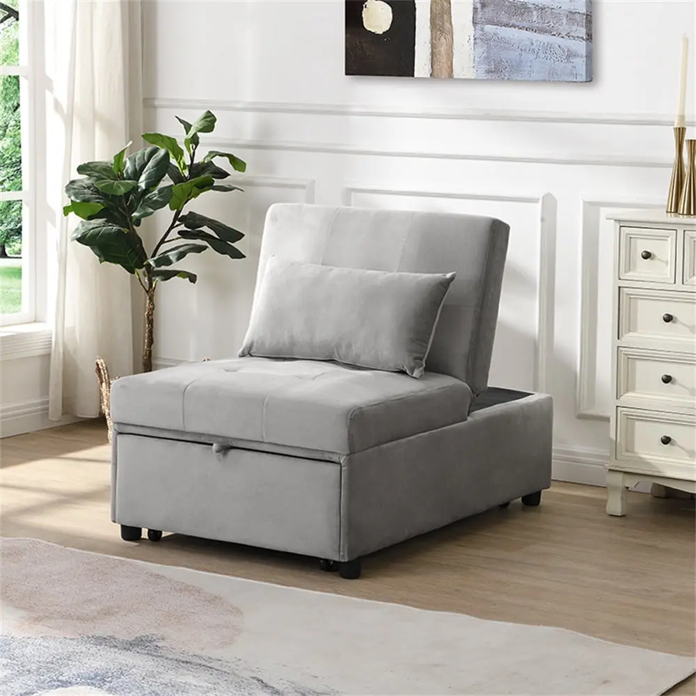 Multi-Function Folding Ottoman Sofa Bed Pulley System Velvet Convertible Sleeper Bed Gray ARCTICSCORPION