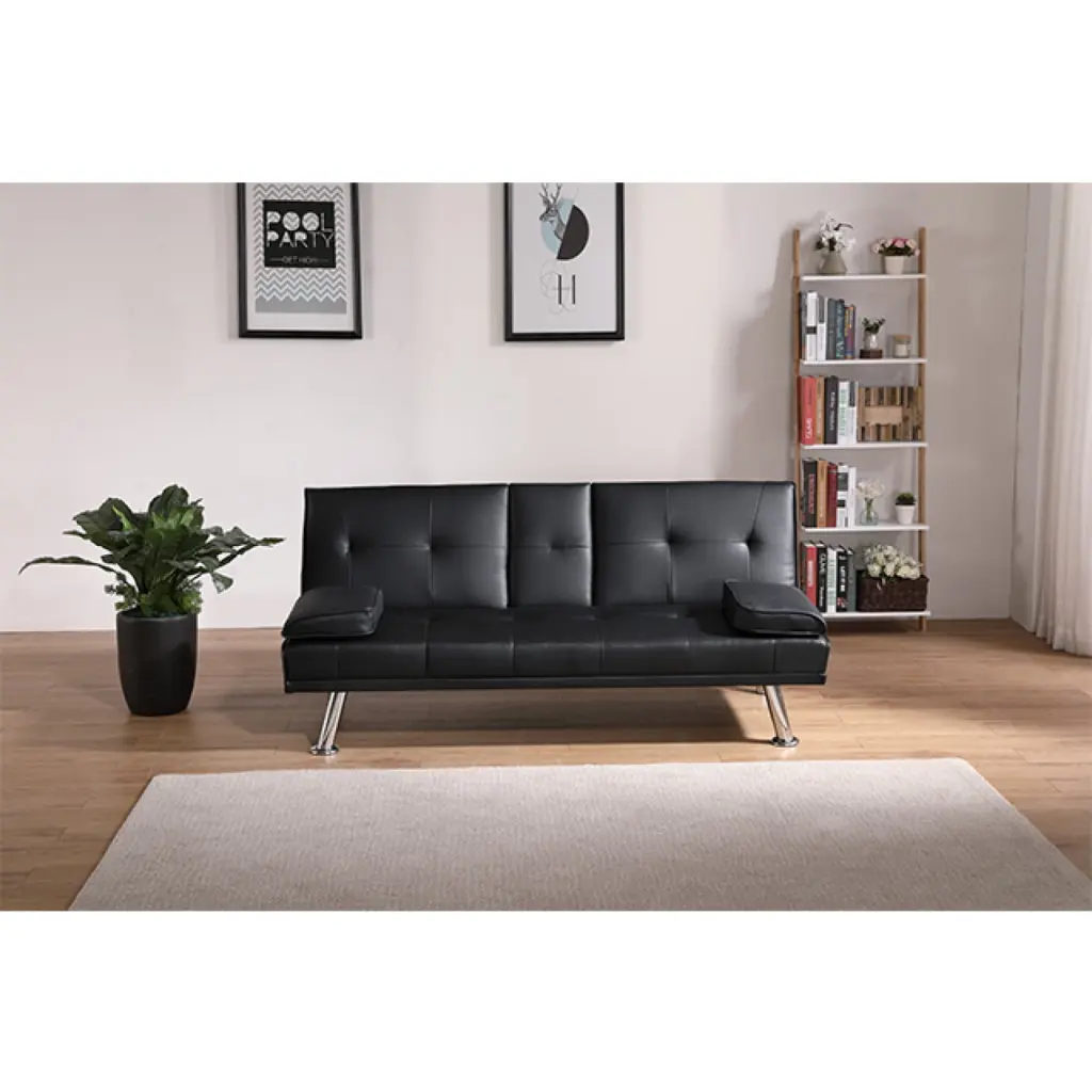 Black Folding Double Sofa High-Quality Soft Velvet Fabric Adjustable Backrest Cup Holder Living Room Home Theater LMing