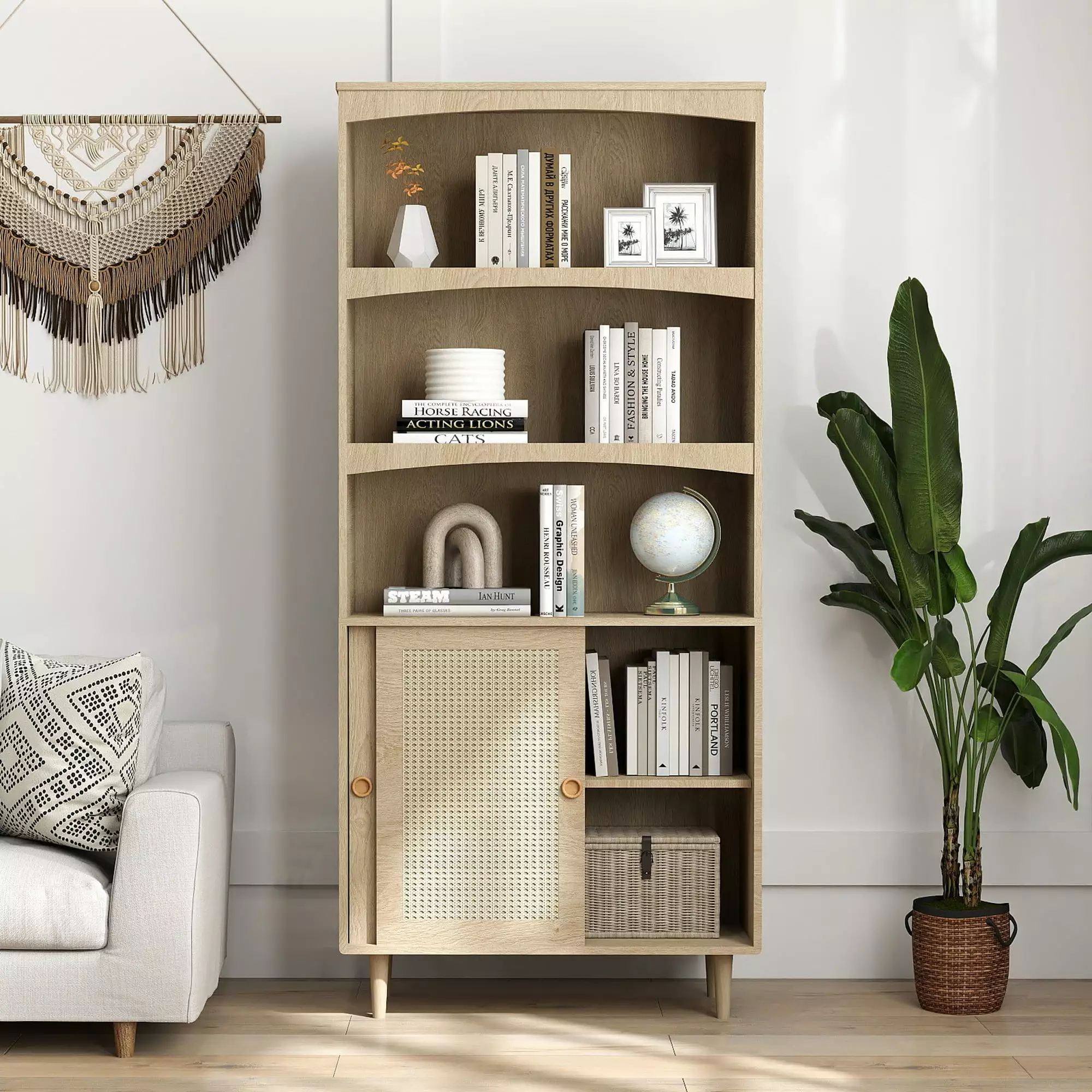 IbayNawi 5 Tier Bookshelf Door Storage Adjustable Rattan Wood Bookcase Oak