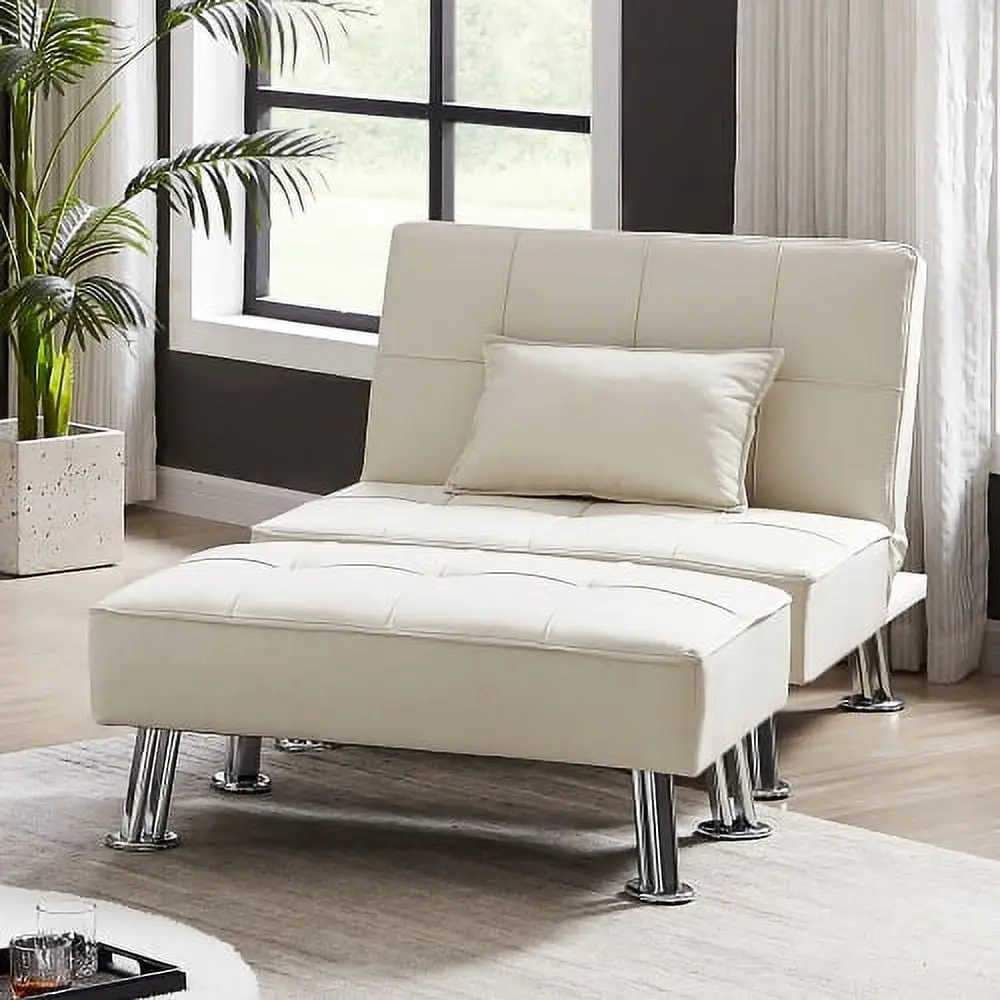 Modern Beige Fabric Single Sofa Bed Ottoman - Convertible Folding Futon Chair Set tunuo