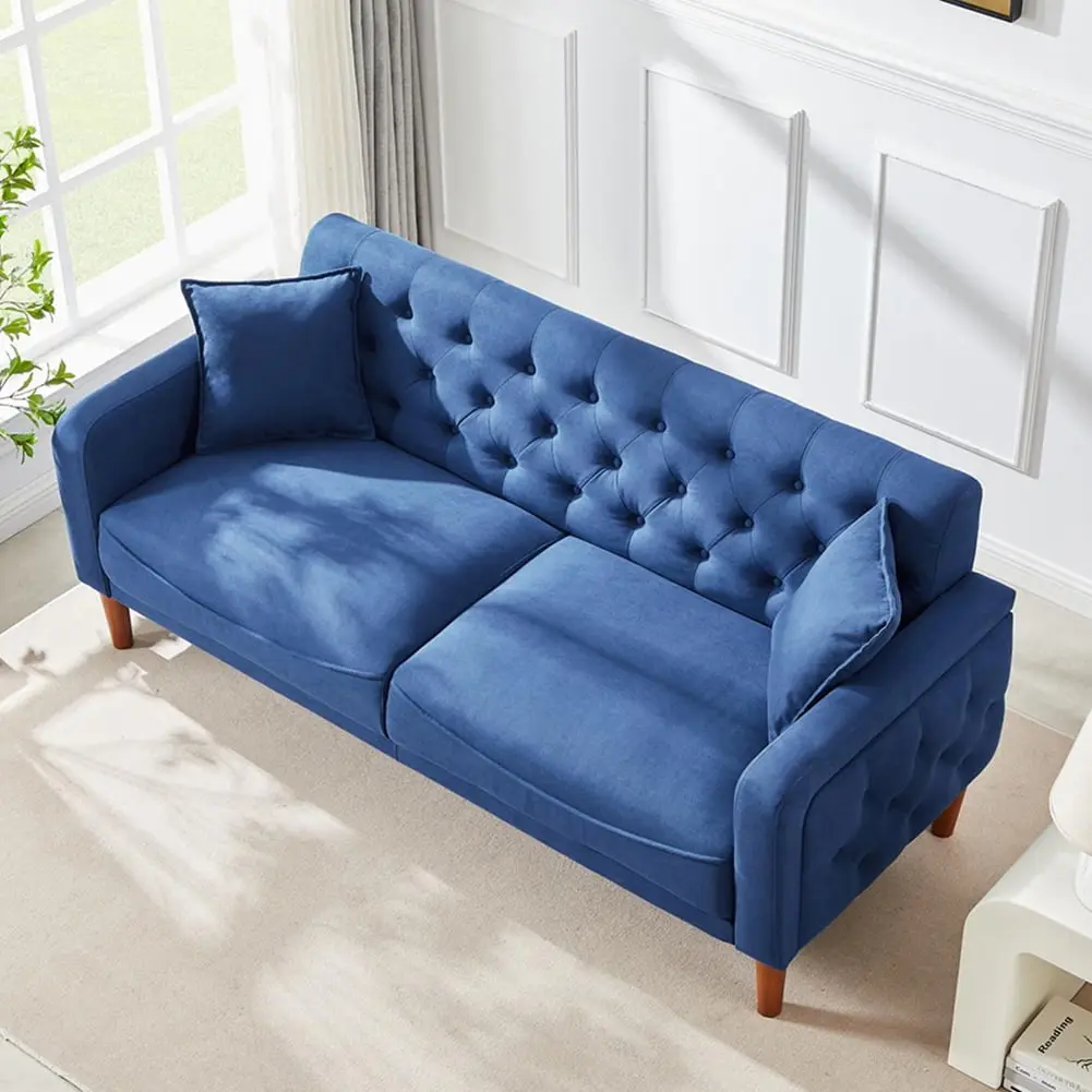 Resenkos Loveseat Sofa Linen Fabric and Wooden Legs Blue