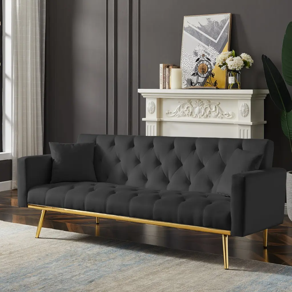 Elegant Black Velvet Convertible Futon Sofa Bed Contemporary Tufted Sleeper Couch Compact Living Rooms Guest Areas Modern ...