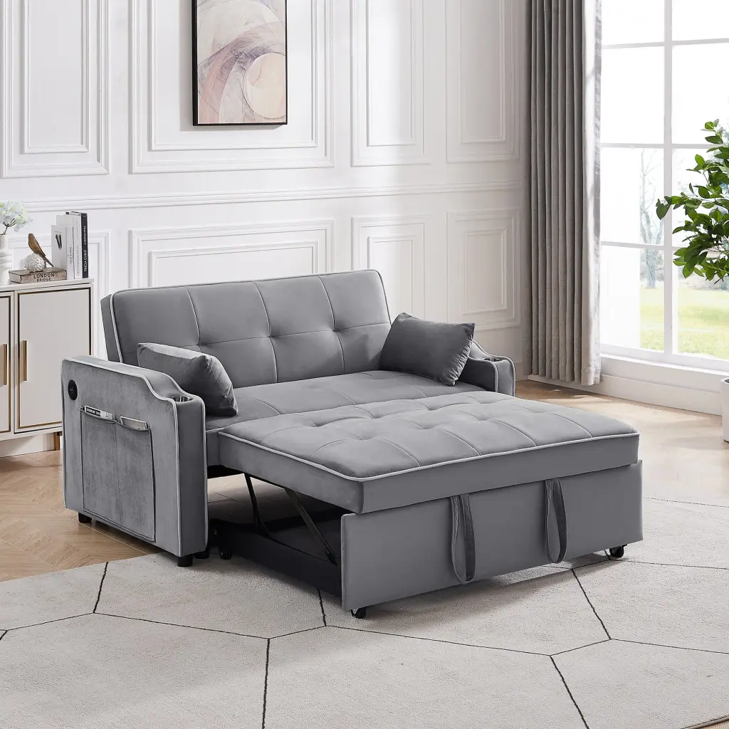 IbayNawi Multi-Functional Futon Loveseat Pull Out Couch Velvet Upholstery and USB Ports Living Room