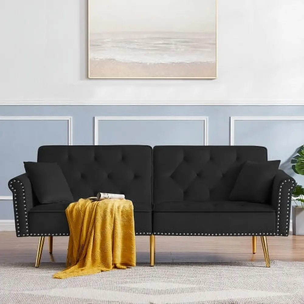 Futon Sofa Bed 2 Pillows Modern Velvet Tufted Sofa Nailhead Trim Loveseat Futon Convertible Folding Couch Metal Legs Livin...