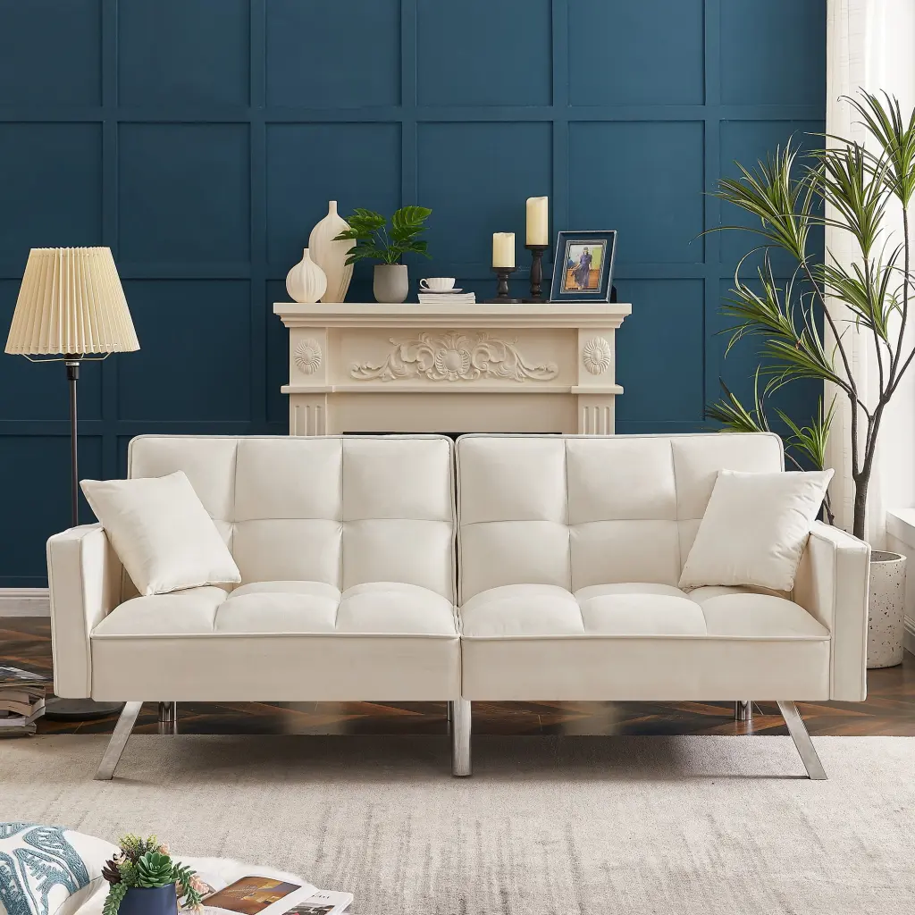 Modern Velvet Sofa Couch Bed Armrests and 2 Pillows Living Room Bedroom White Miekor