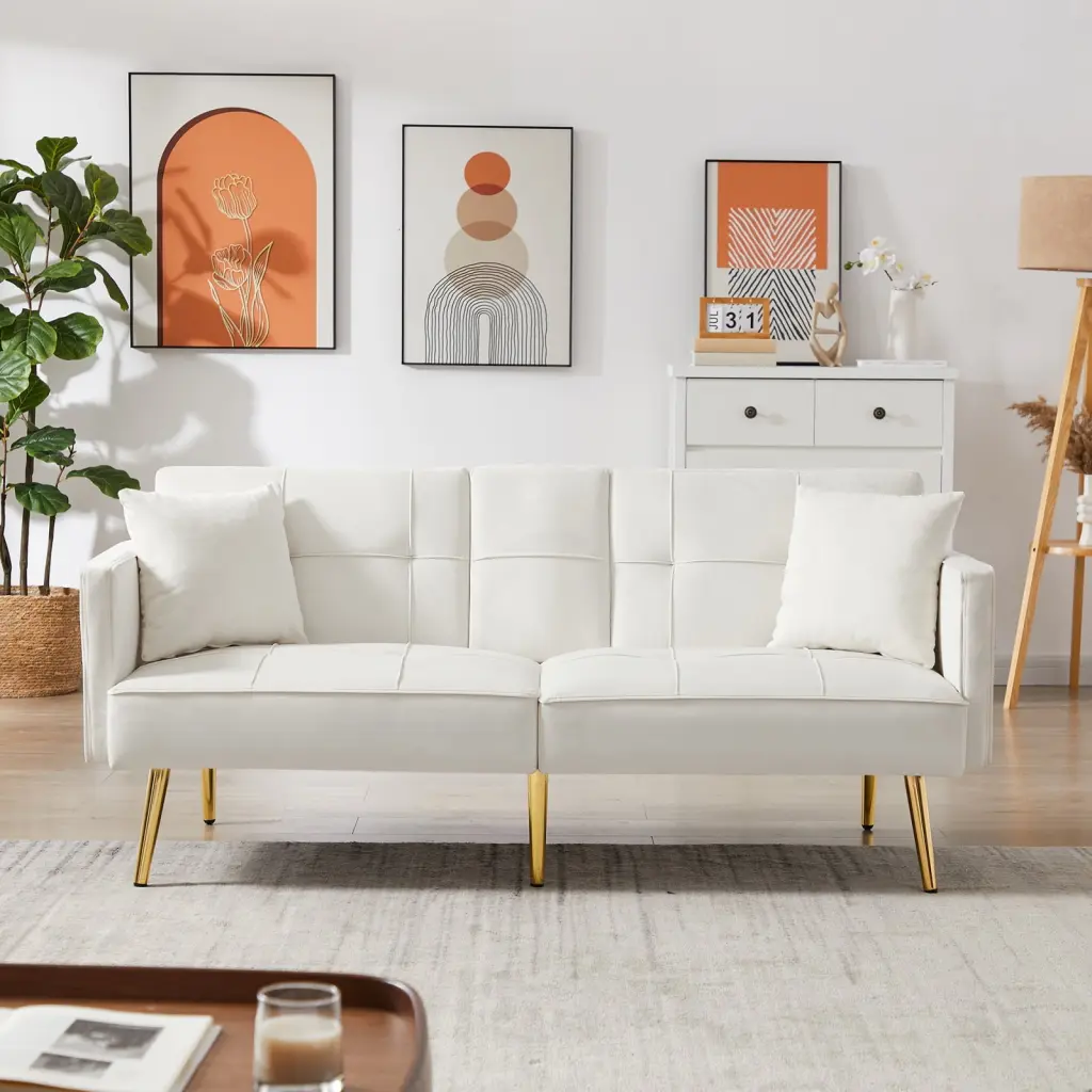 Cream White Velvet Futon Sofa Bed Gold Metal Legs 3 Adjustable Positions Stylish and Comfortable Perfect Apartments and St...
