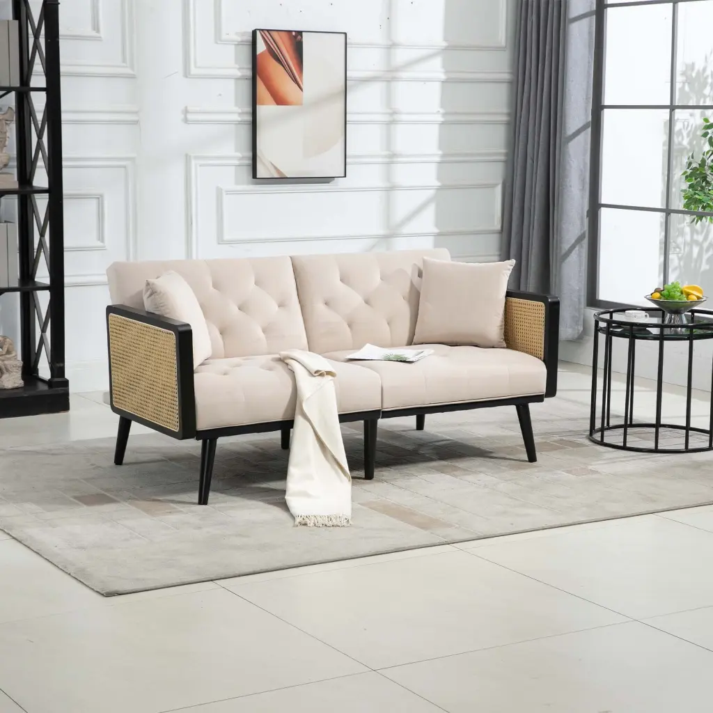 BISHE Convertible Futon Couch, Velvet Sofa Rattan Armrests and 2 Pillows, Loveseat Sofa Solid Wood Feet, Multi-Functional ...