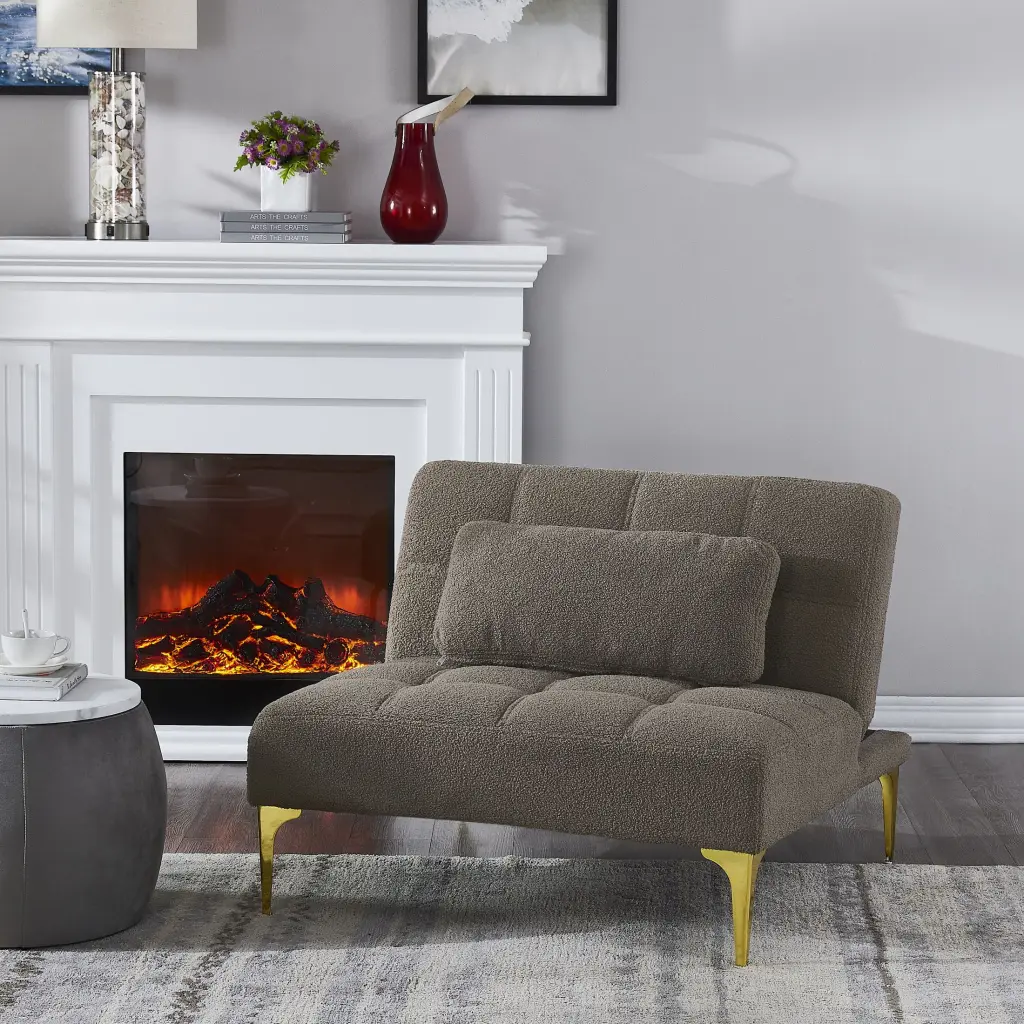 Convertible Sofa Bed Single Chair Futon Taupe Teddy Fabric Gold Metal Legs CNCJ