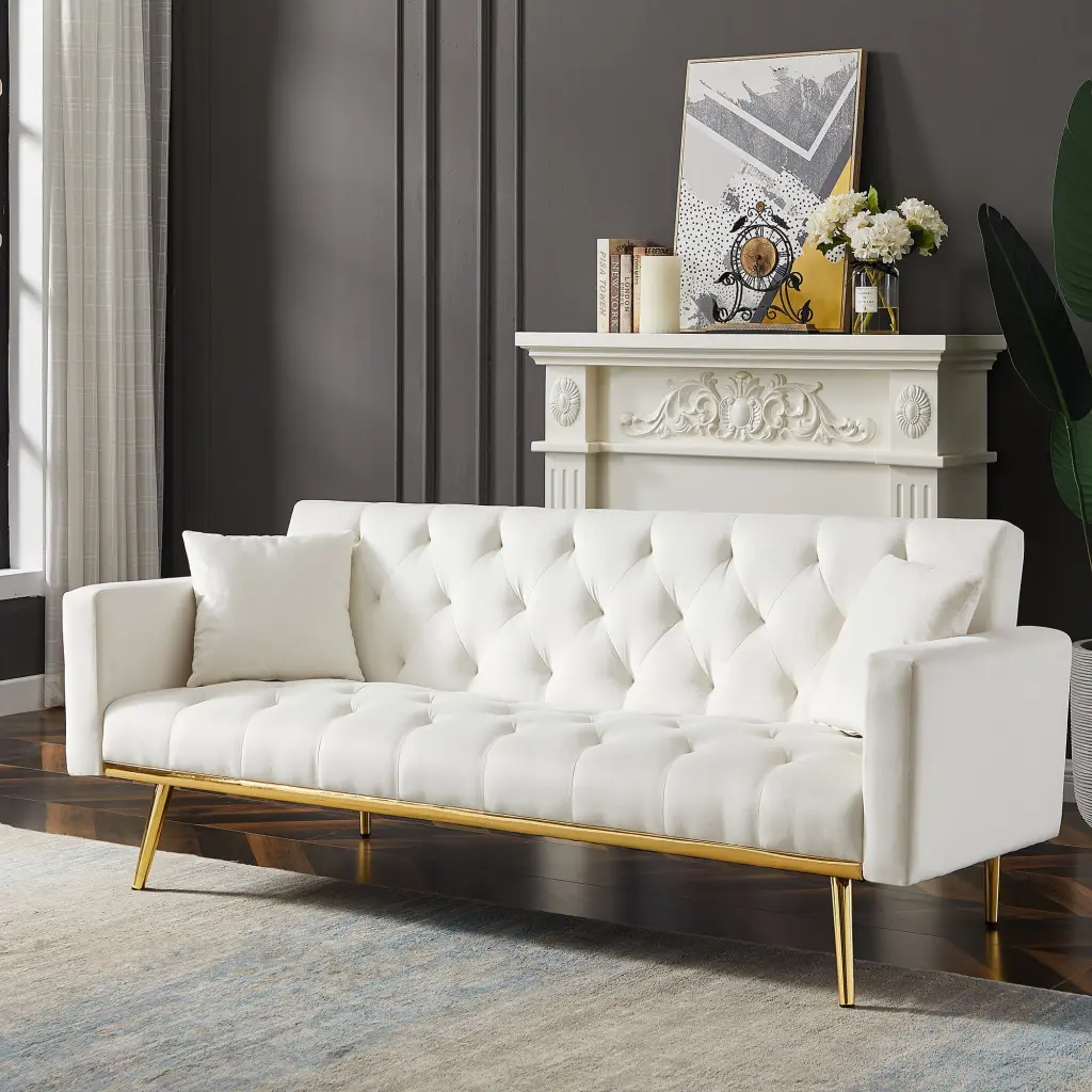 Cream White Convertible Folding Futon Sofa Bed Sleeper Sofa Couch Compact Living Space CNCJ