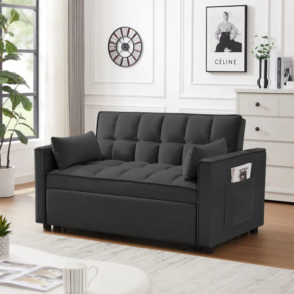 Modern Velvet Loveseat Futon Sofa Pullout Bed and Reclining Backrest CNCJ