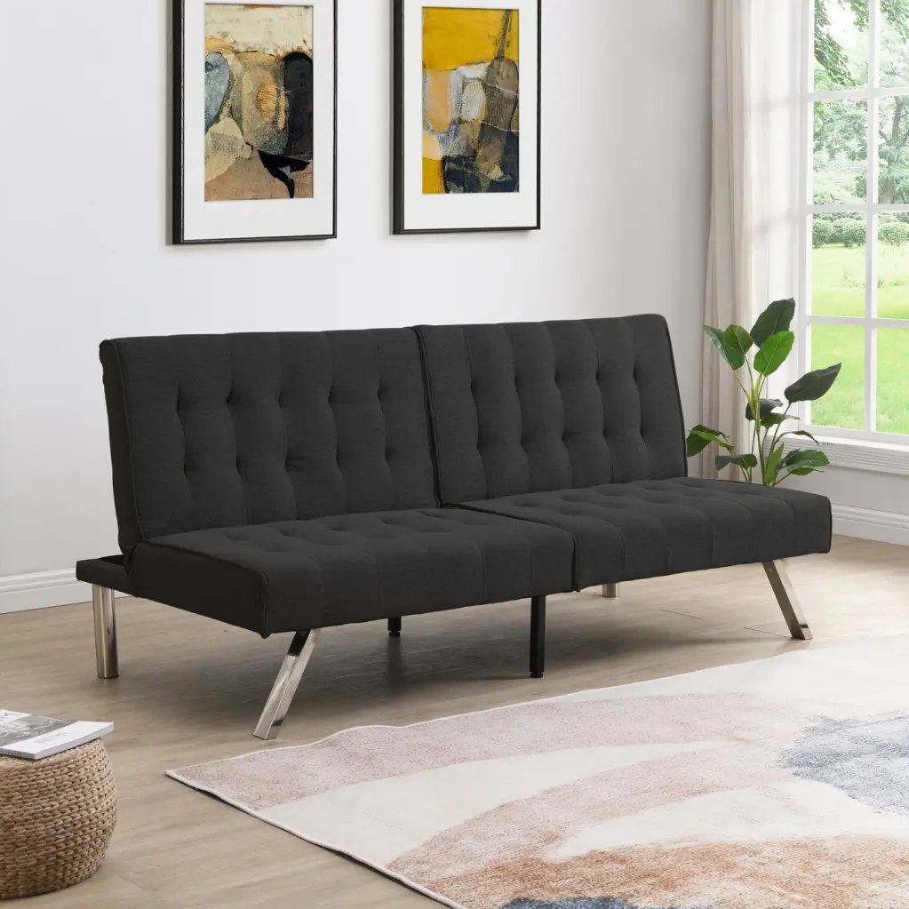 Black Futon Sofa Bed Robust Wood Frame and Stainless Steel Legs Living Room Guest Room or Office HATNOKIL