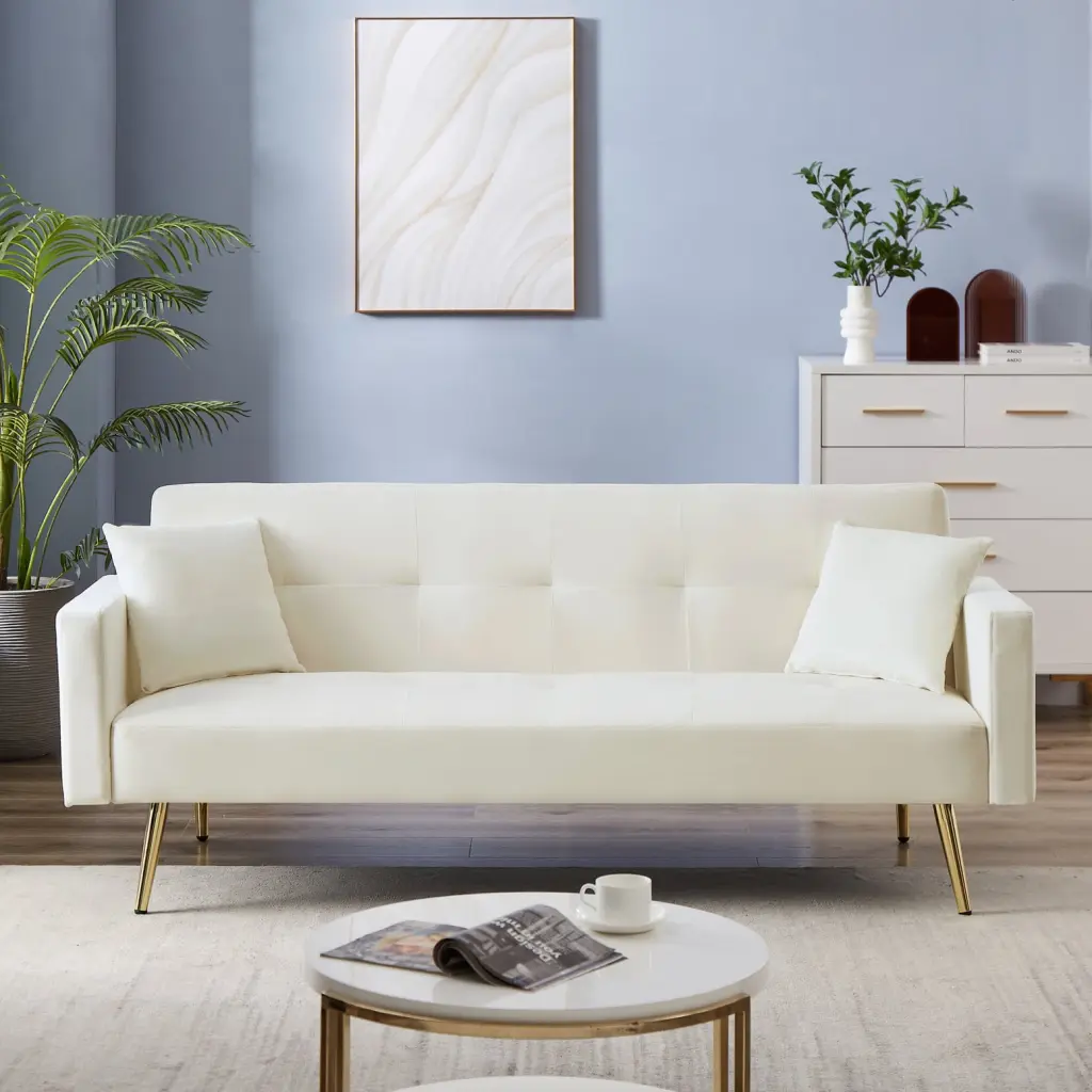 Cream White Velvet Folding Futon Sofa Bed Space-Saving Convertible Sleeper Couch Compact Living Spaces Apartments Guest Ro...