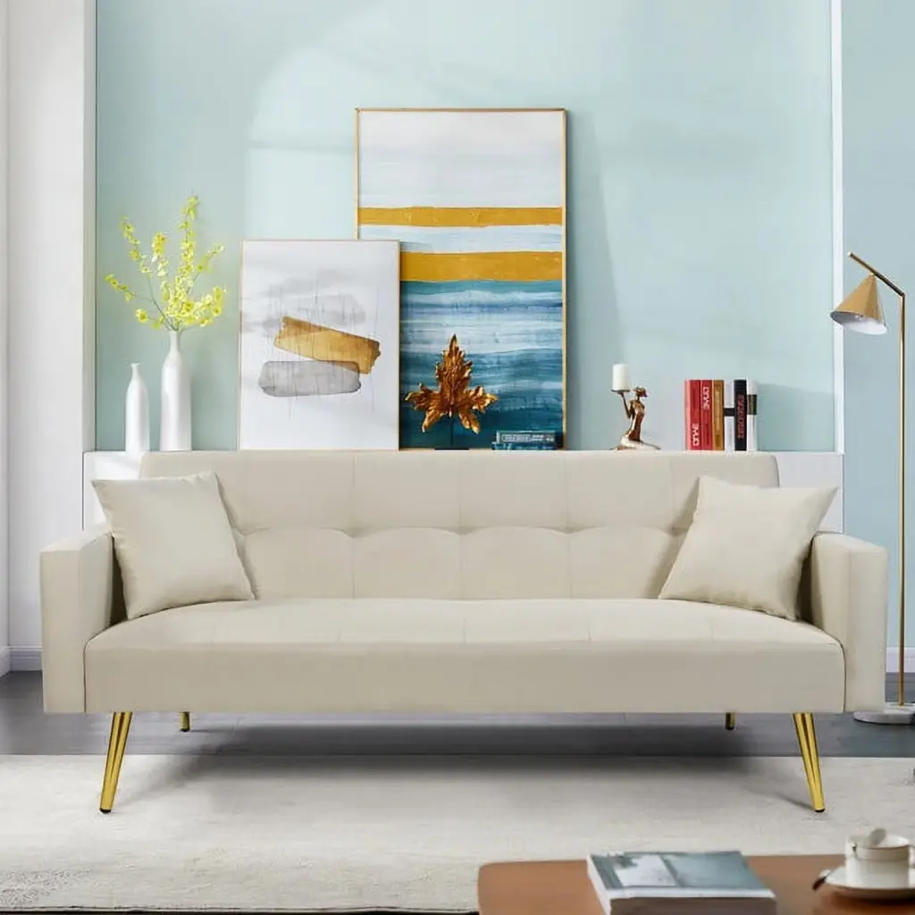 Off White Convertible Futon Sofa Bed Fabric Folding Sleeper Couch Modern Tufted Design Metal Legs HATNOKIL