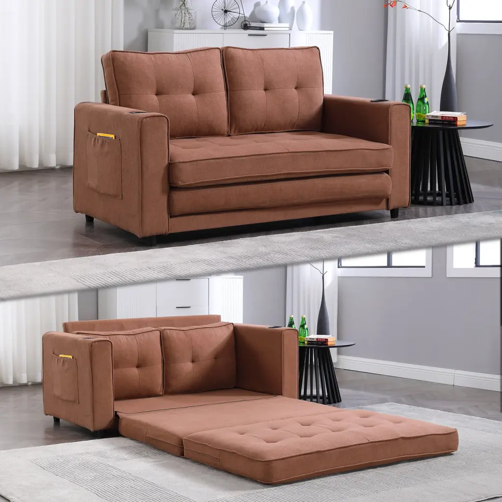 3--1 Brown Upholstered Futon Sofa Bed Convertible Loveseat Pull Out Sleeper and Side Pockets HOMXIAOWO