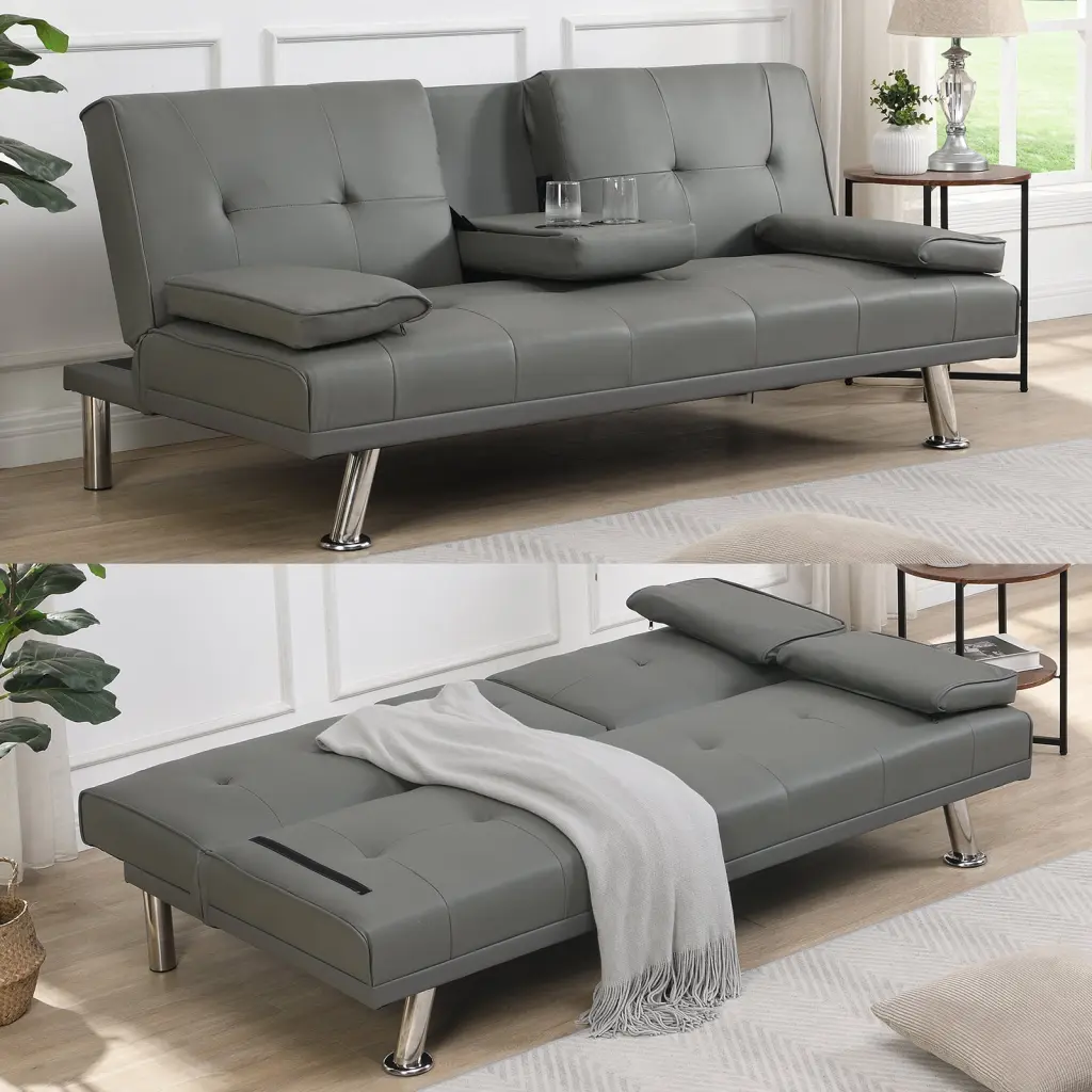 Modern Grey PVC Futon Sofa Bed Wood Frame and Stainless Steel Legs - Multifunctional Living Room, Bedroom, Dorm, or Office...