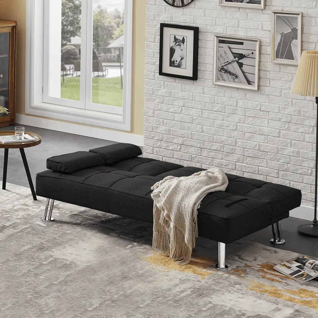 Black Modern Convertible Folding Futon Sofa Bed 2 Cup Holders Fabric Loveseat Sofa Bed JUSTSHIK